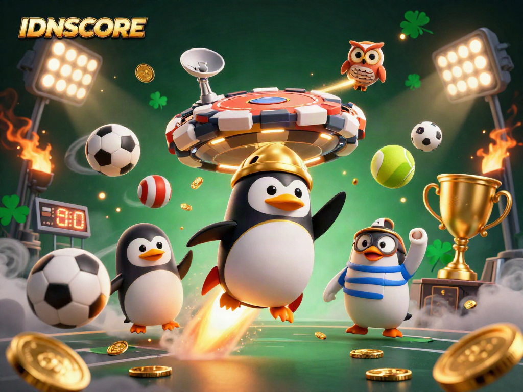 IDNSCORE transforms the gaming scene with a golden penguin blasting through a casino-themed space.