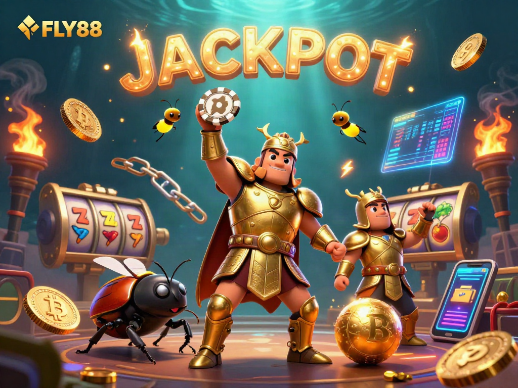 FLY88's jackpot scene featuring a victorious beetle champion amid vibrant casino elements.
