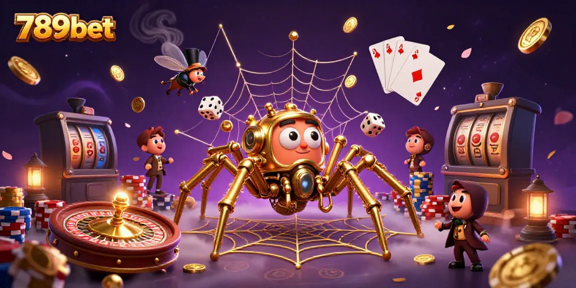 Engage with 789bet's thrilling 3D casino art featuring a golden spider and dynamic gambling elements.