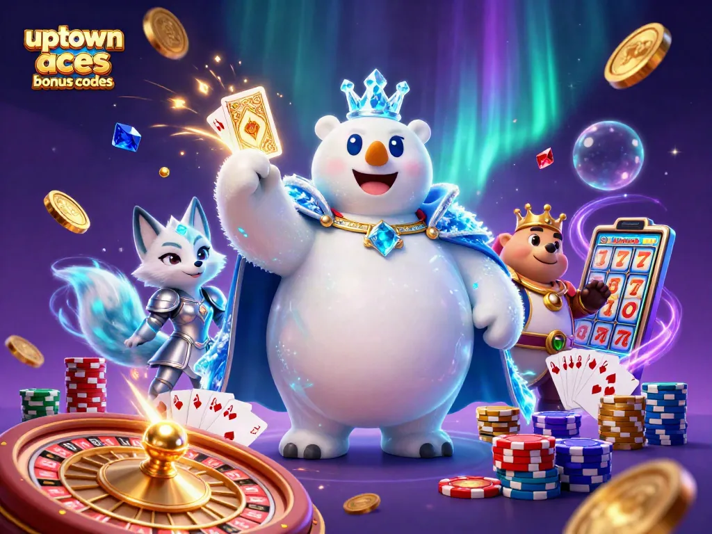 Spin and win with Uptown Aces bonus codes, featuring vibrant casino elements and 3D characters.