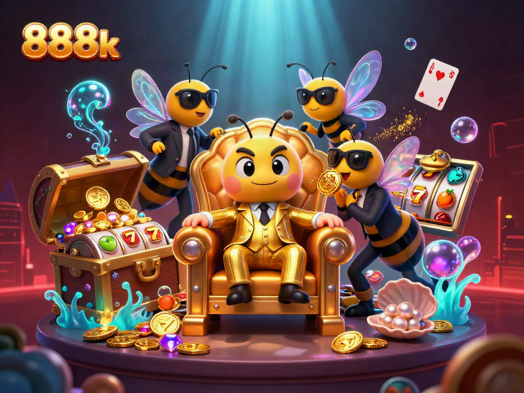 Engage with 888k in a rich casino world featuring vibrant slot machine elements and lively characters.