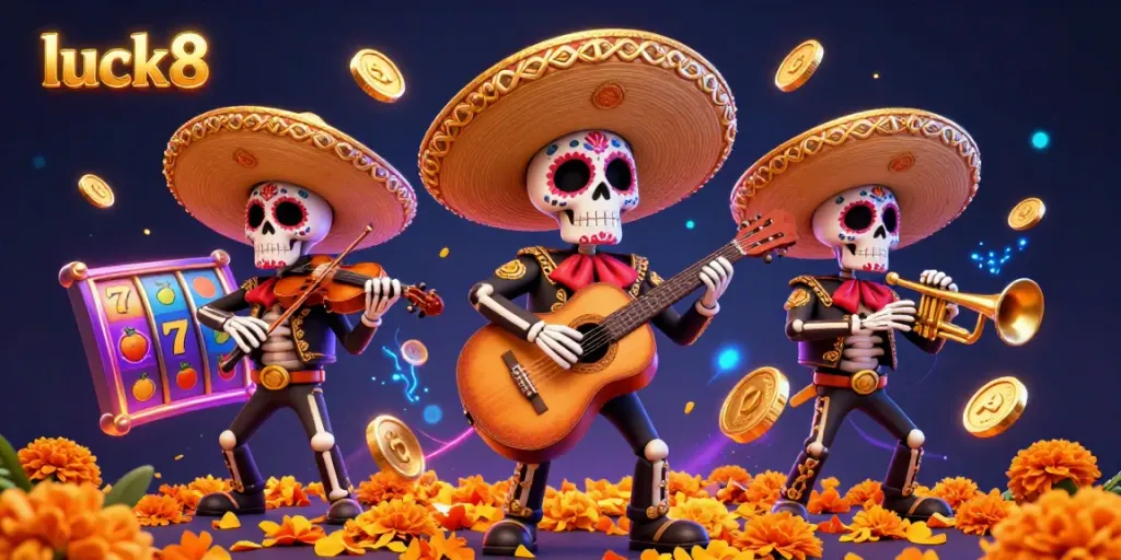 Engage in exciting luck8 slots with a vibrant mariachi band celebrating among spinning reels and golden coins.