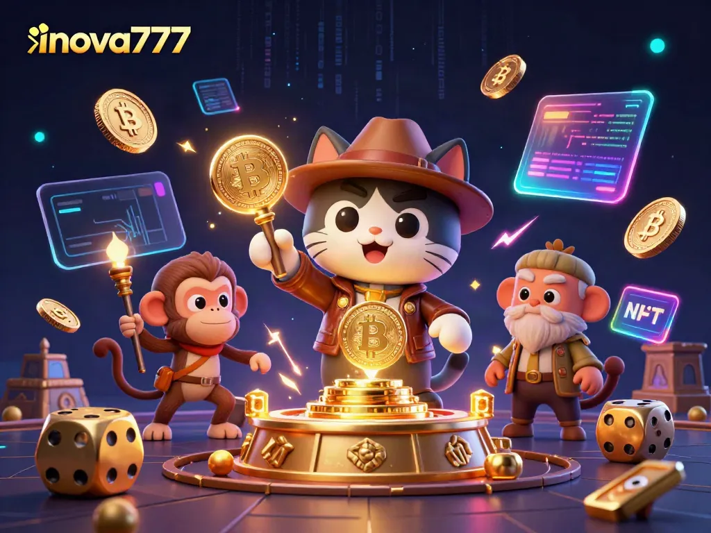 Cat archaeologist and monkey companion explore inova777's treasures amidst giant dice and crypto elements.