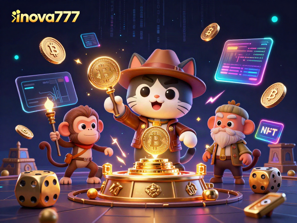 Cat archaeologist and monkey companion explore inova777's treasures amidst giant dice and crypto elements.
