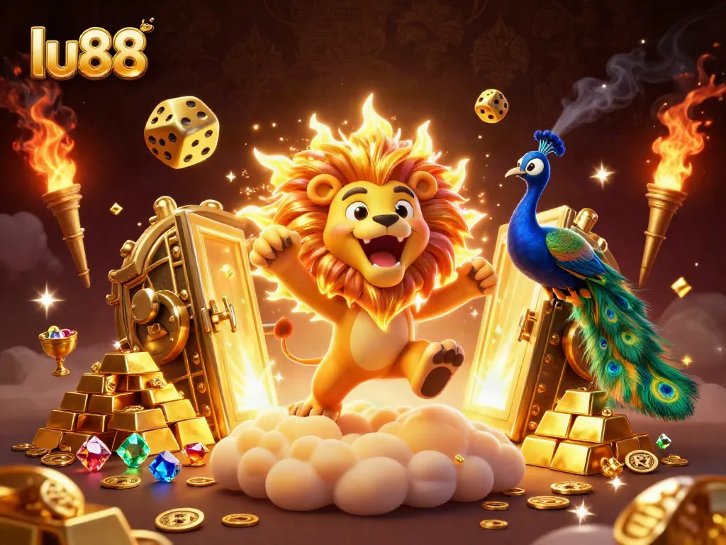 Win exciting rewards at lu88 with a vibrant 3D casino-themed illustration showcasing golden treasures and rich gaming elements.