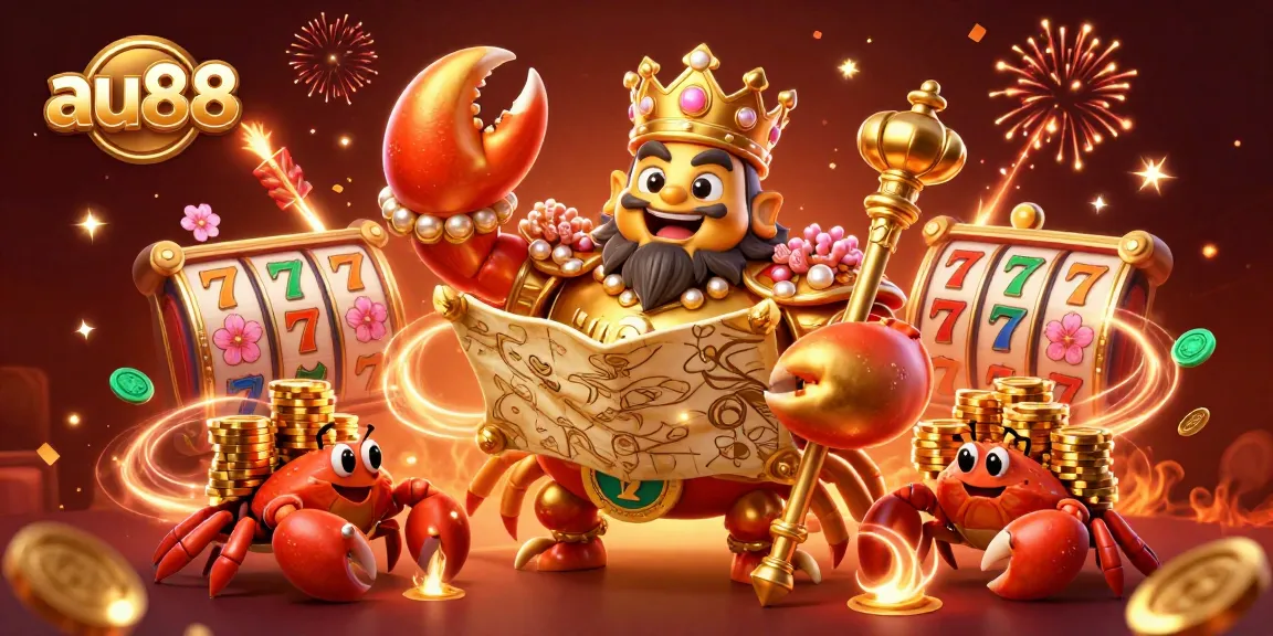 Join the game at au88 with a vibrant casino scene featuring a golden crab emperor among slot reels and lucky symbols.