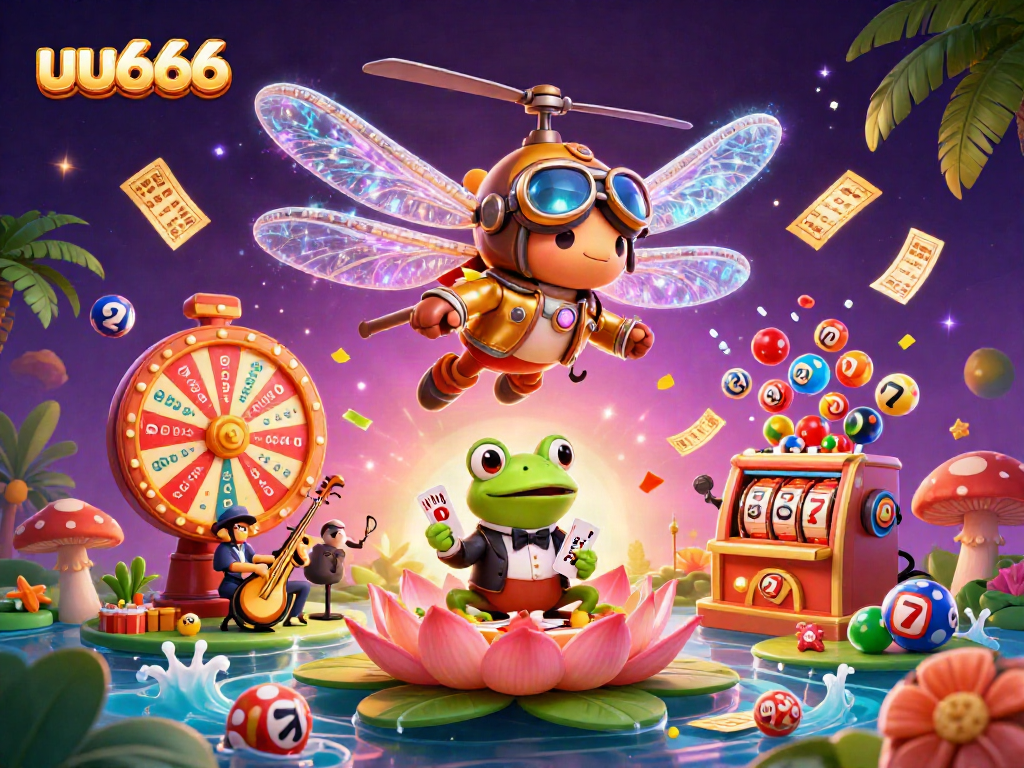 Play exciting games at uu666 with our vibrant casino illustration featuring a dragonfly pilot.