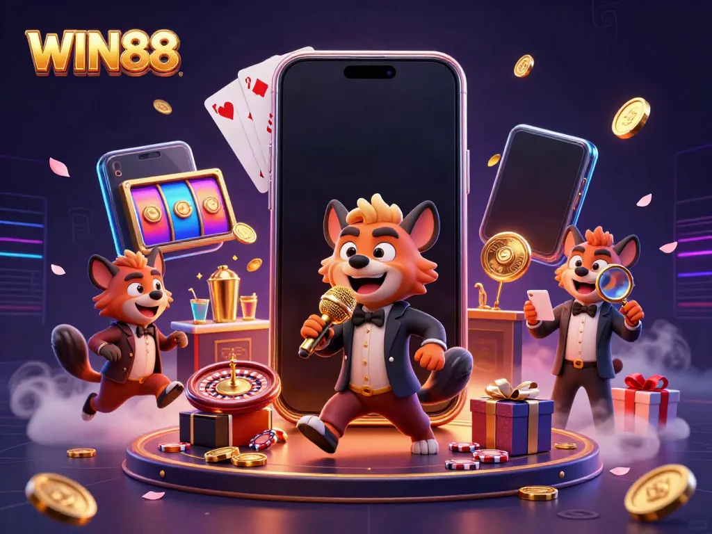 Experience the vibrant comedy casino scene featuring WIN88 as hyenas engage in playful antics amidst a slot game backdrop.