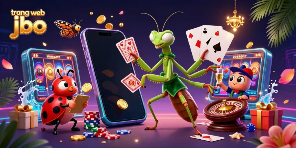 Experience dynamic gameplay at trang web jbo with a vivid 3D illustration of casino characters amid vibrant gaming elements.