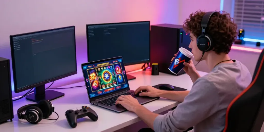 Player enjoying temposlot online gaming experience in a modern home office setup.