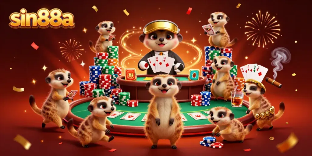 Experience the thrilling casino operations of sin88a with cartoon meerkats managing a poker game.