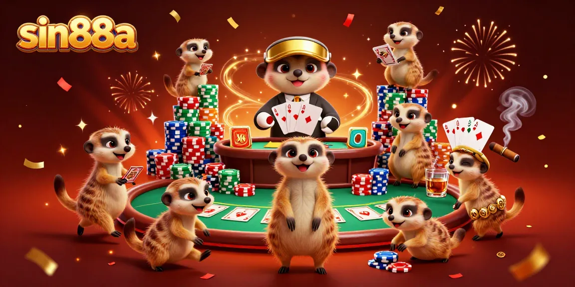 Experience the thrilling casino operations of sin88a with cartoon meerkats managing a poker game.