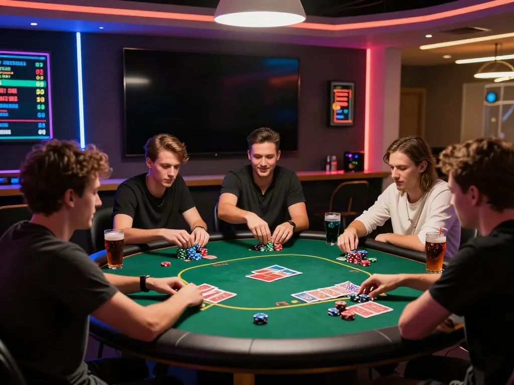 Friends enjoying a lively akunjp poker night with colorful lights and snacks.