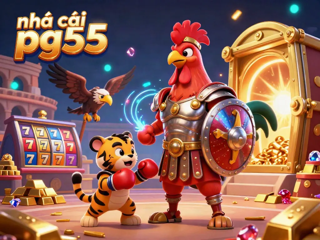 Experience the thrill of nhà cái pg55 with a dynamic 3D illustration showcasing vibrant casino elements and engaging characters.