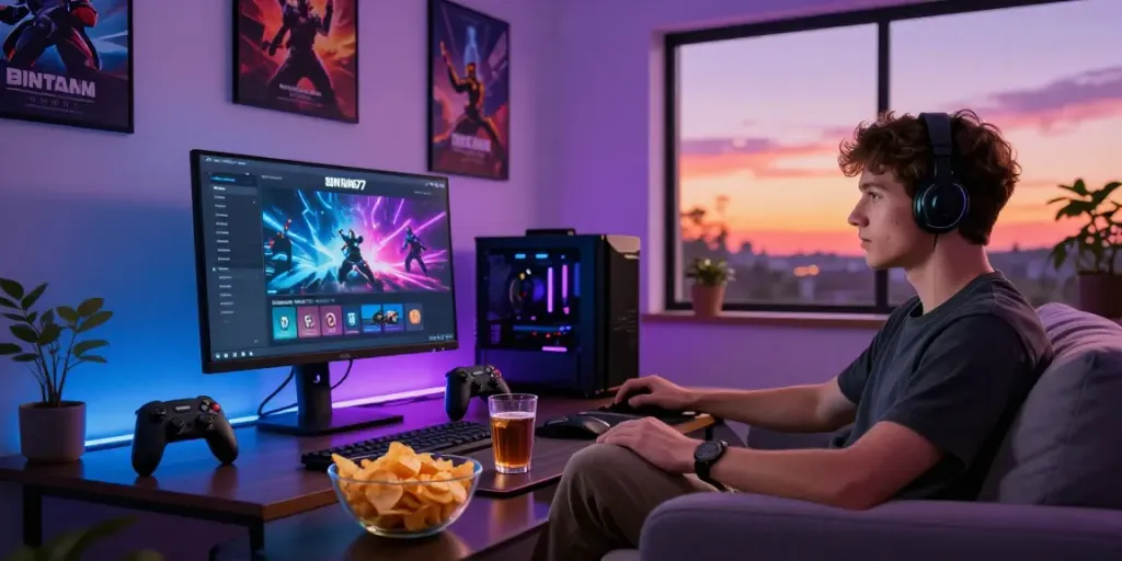 BINTANG77: Pemain muda menikmati pengalaman gaming di ruang tamu modern.