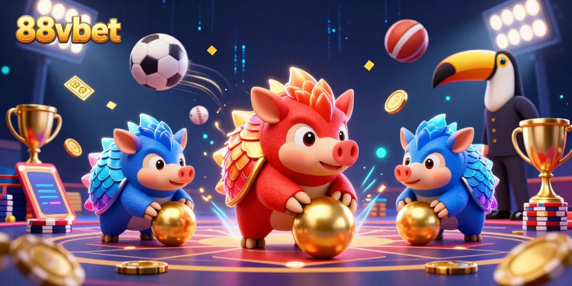 Engage in thrilling 88vbet action with pangolins bowling and flying sports balls in a captivating casino illustration