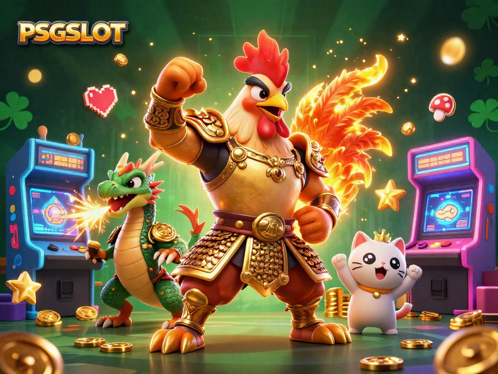 Permainan slot PSGSLOT menampilkan petarung ayam 3D dan naga dengan elemen kasino yang berkilau.