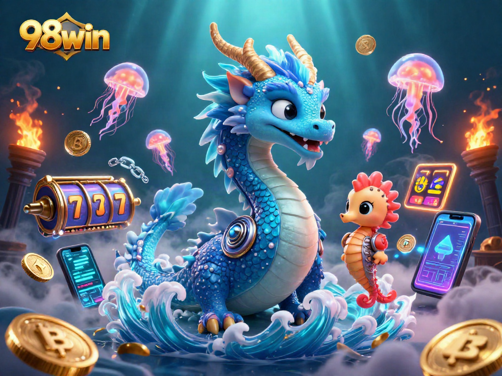 Engage with 98win’s vibrant underwater casino world featuring a majestic dragon and neon jellyfish.