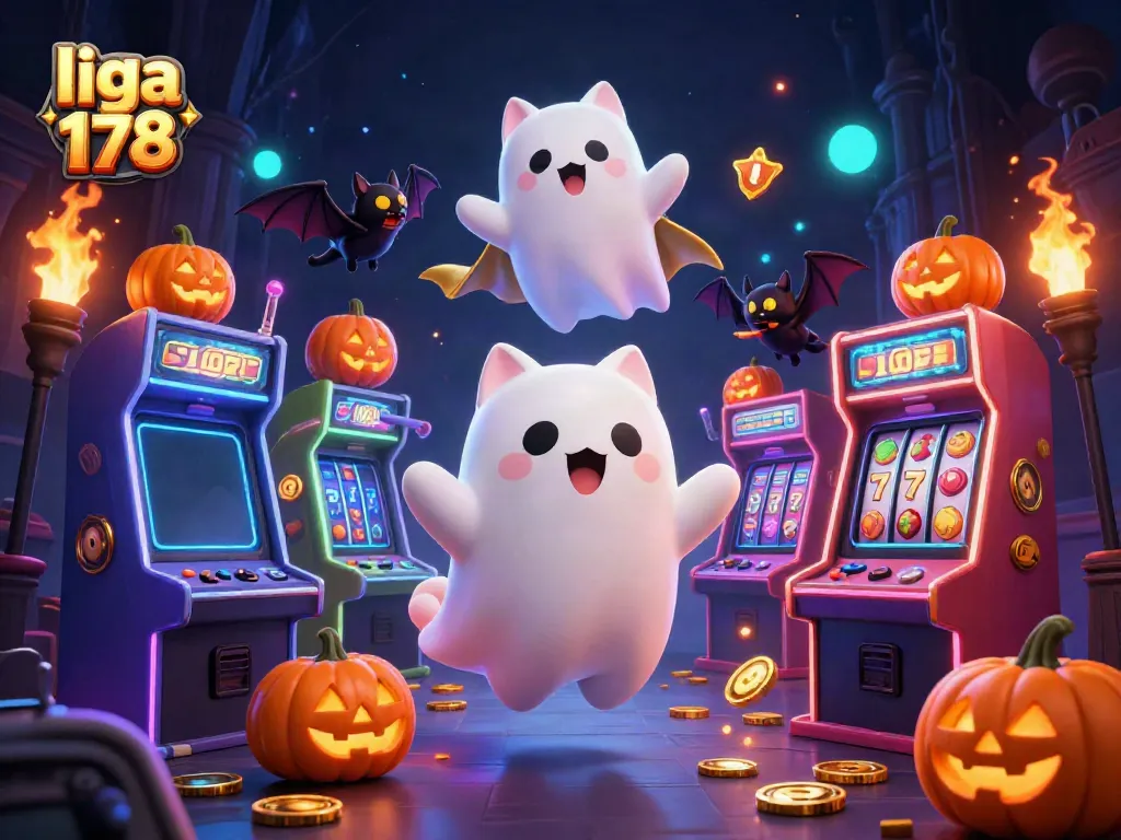 Gambarkan kasino berhantu dengan liga 178 yang penuh slot, karakter lucu, dan lampion yang mengagumkan.