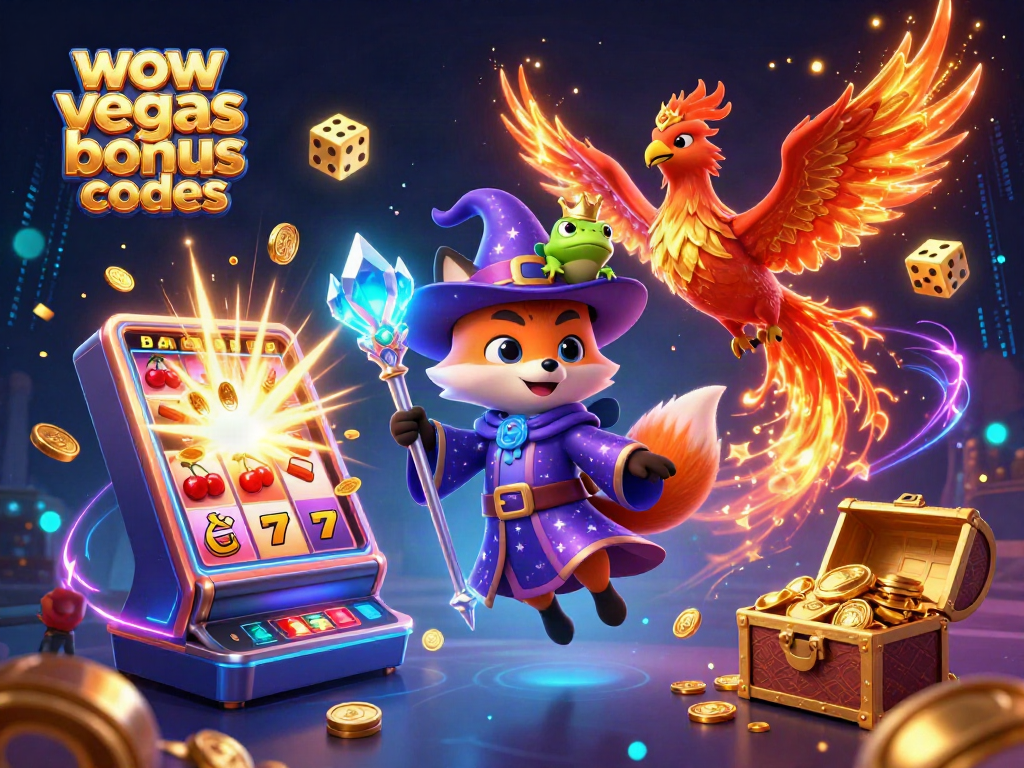 Experience the thrill of wow vegas bonus codes with a mystical wizard and phoenix in a vibrant casino scene.