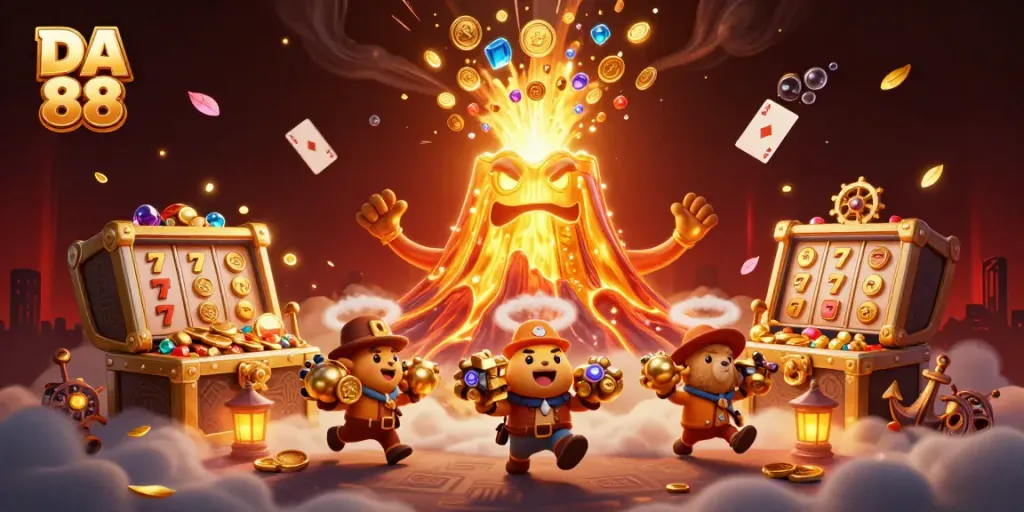 Experience the thrill of DA 88 as coins and gems erupt from a golden volcano in this dynamic casino scene.
