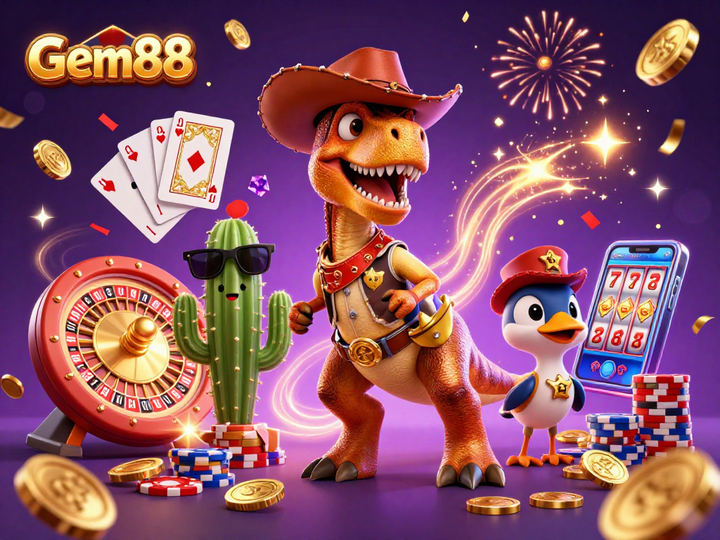Gem88 showcases a vibrant 3D scene featuring a cowboy dinosaur, cactus, and roadrunner amid casino elements.