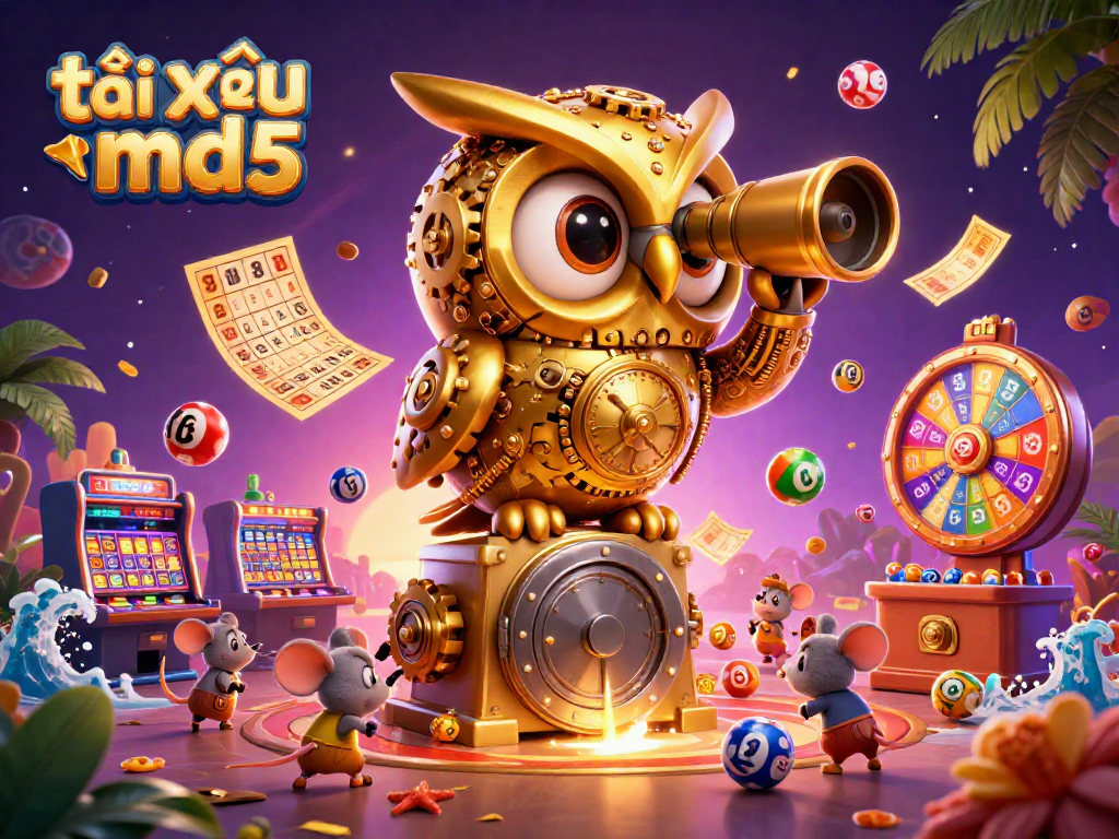 Tài xỉu md5 scene showcasing a clockwork golden owl overseeing a vibrant casino with buzzing slot machines.