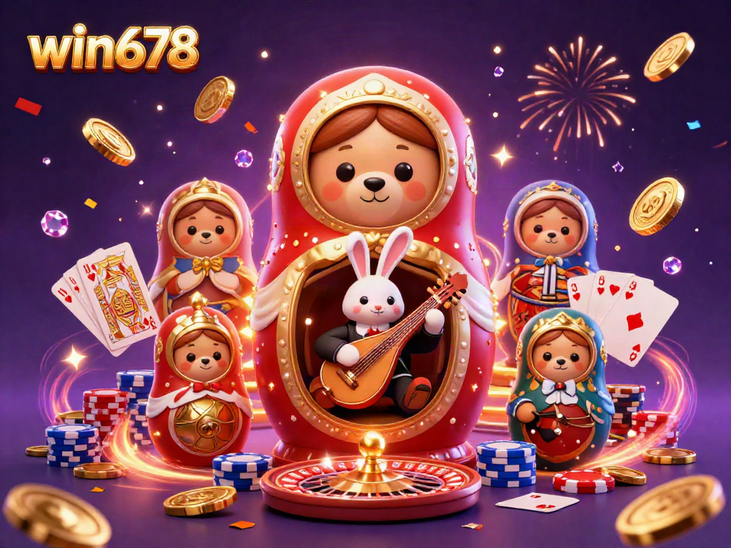 Experience thrilling gameplay at win678 with this vibrant casino-themed 3D illustration featuring fun characters and dynamic gaming elements.