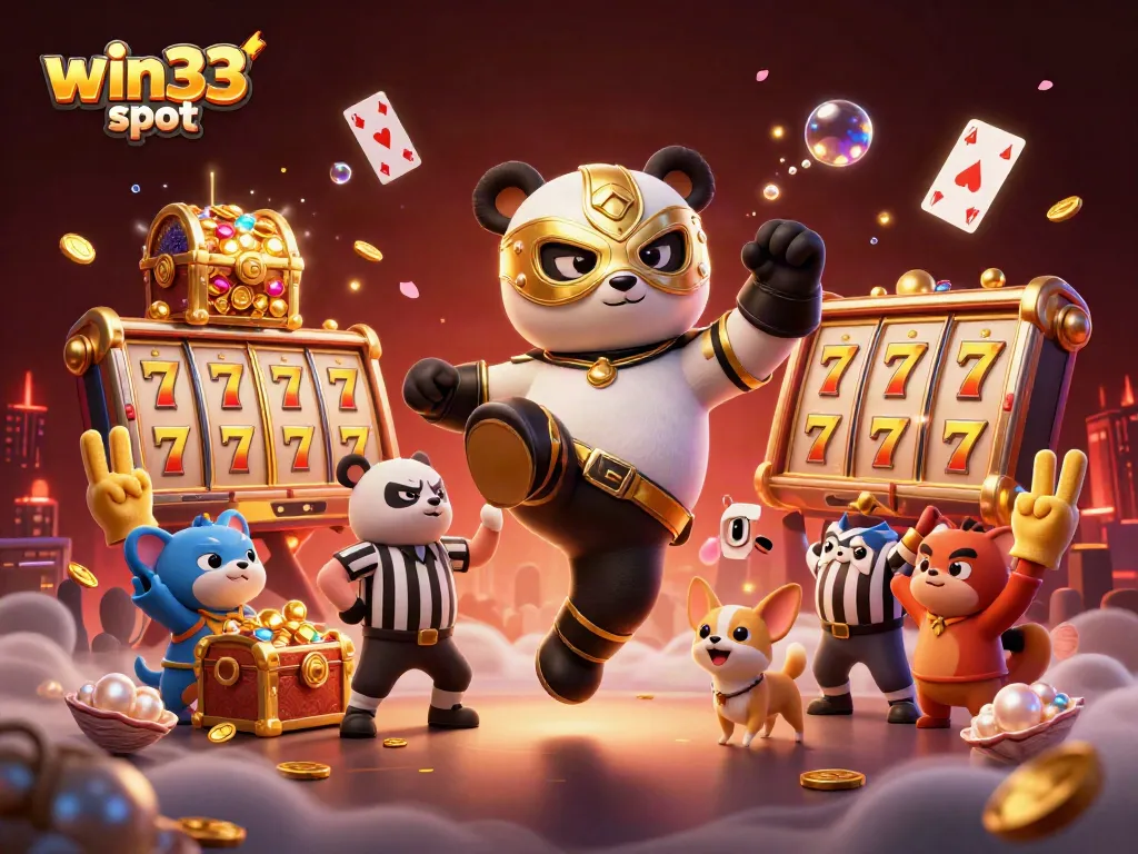 Experience the thrill with win33 slot, featuring a panda wrestler and energetic spectators in a vibrant casino scene.