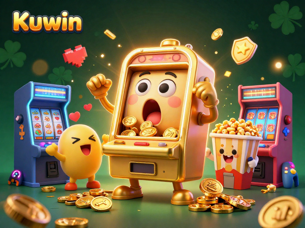 Kuwin's golden slot machine celebrates a jackpot as coins rain down in a thrilling casino scene.