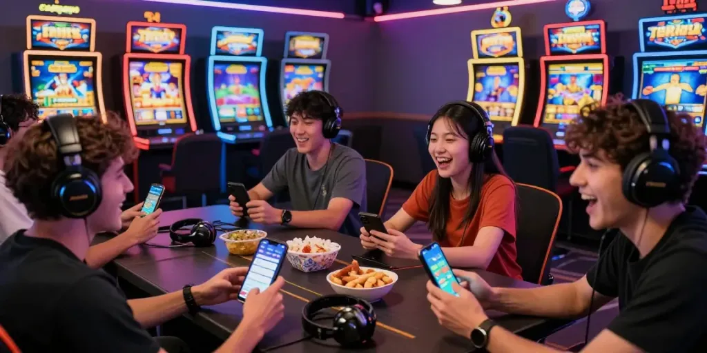Exciting players immersed in vibrant slot game action at a modern gaming lounge filled with colorful machines and social interaction.