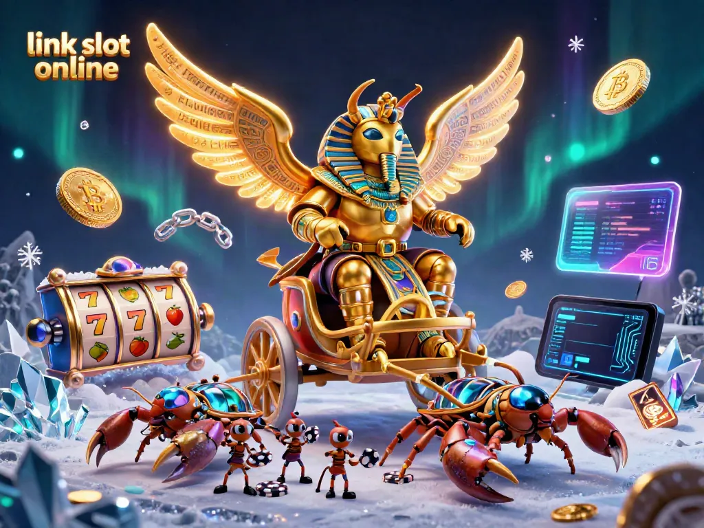 Mengaktifkan link slot online dengan ilustrasi betina scarab emas megah membawa keberuntungan dalam dunia slot virtual.