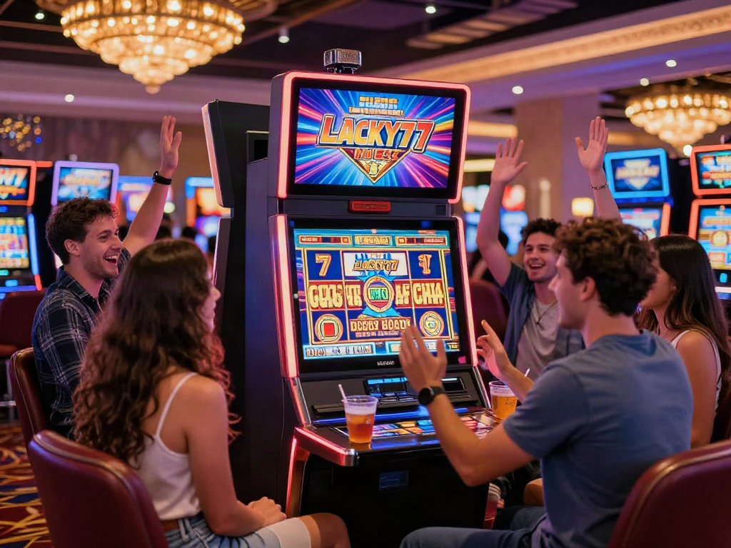Friends celebrating a big win on the Lucky777 slot machine in a lively casino setting.