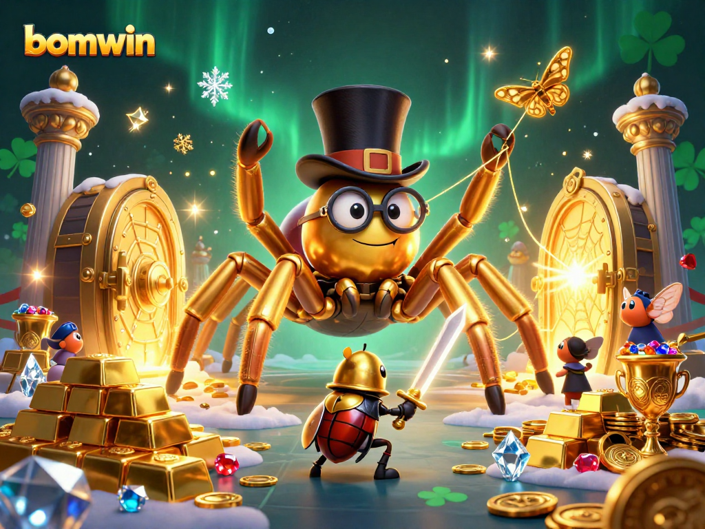 Experience the excitement of bomwin with a golden tarantula and treasures in a vibrant casino scene.