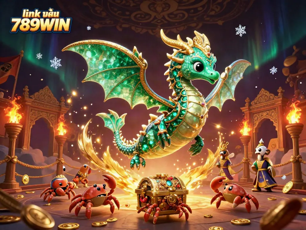 Engage with link vào 789WIN through a vibrant 3D illustration featuring a sea dragon, treasure, and gold coins.