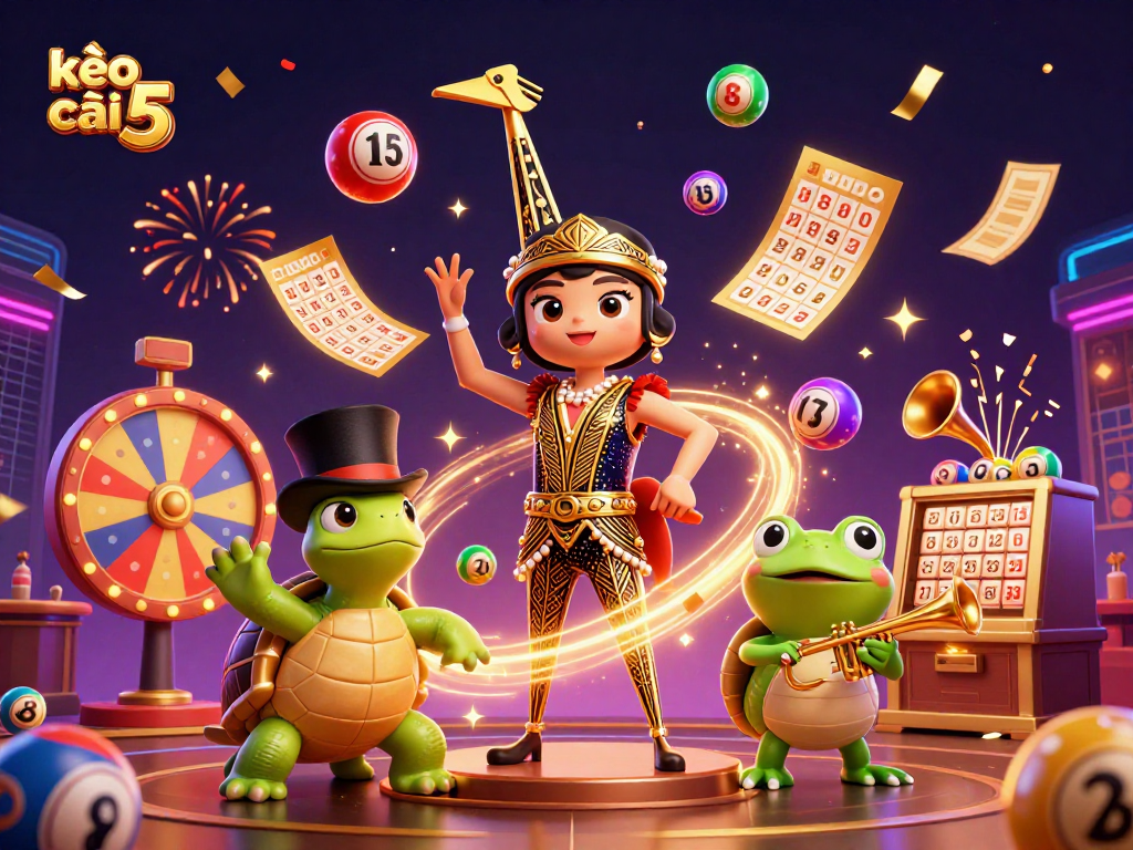 Engage with kèo nhà cái 5 in this vibrant carnival scene filled with lottery elements.