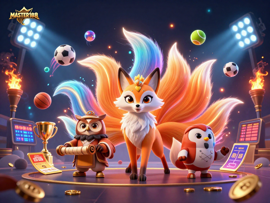 Experience the thrilling energy of MASTER188 with a vibrant 3D illustration featuring dynamic sports betting elements and mystical characters.