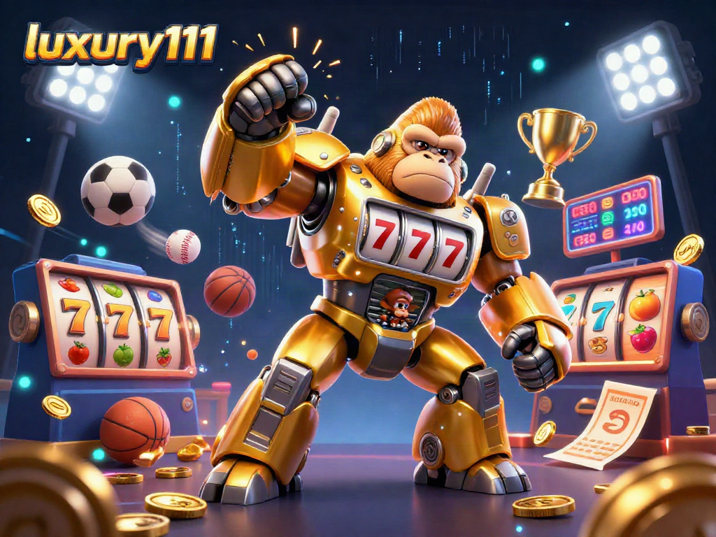 Engage with luxury111 in a vibrant 3D casino scene showcasing a golden gorilla mech amidst slot reels and sports elements.