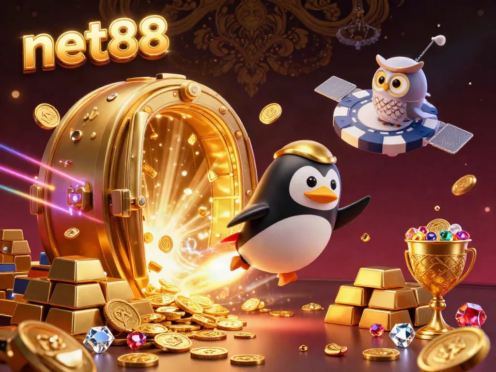 Experience the thrilling universe of net88 with a golden penguin and a casino chip station.
