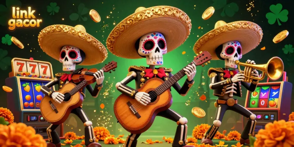 Play thrilling link gacor slots with colorful skeleton musicians in a vibrant casino scene.