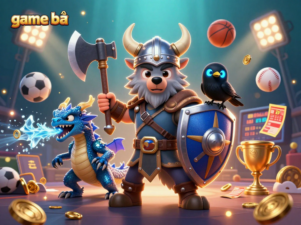 Experience thrilling game bài action in this vibrant casino scene featuring a Viking wolf, dragon, and sports elements.