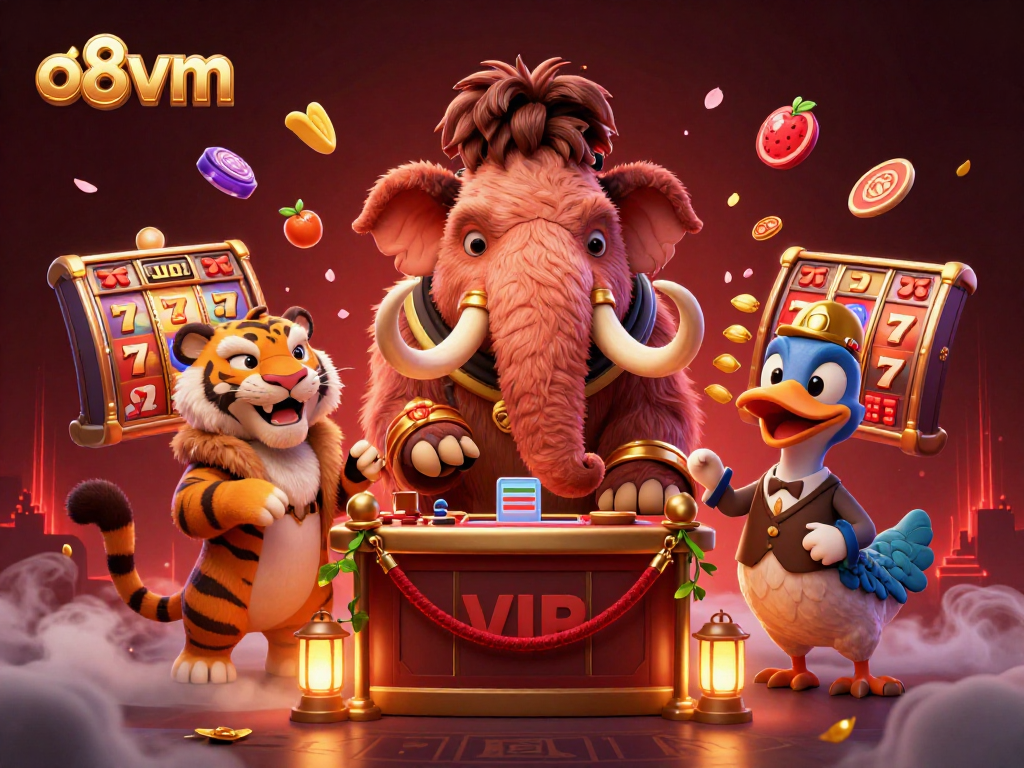 Witness the vibrant scene at o8vm casino with lively characters and dynamic slot elements.