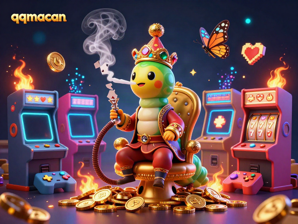 Experience the thrill of qqmacan with a whimsical 3D casino scene featuring a giant caterpillar blowing poker symbols.