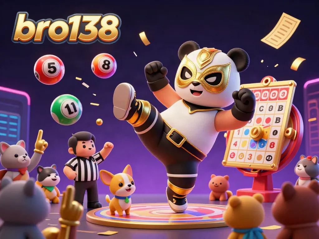 Watch bro138's exciting gambling experience as a panda wrestler dazzles the crowd while lottery balls bounce around.