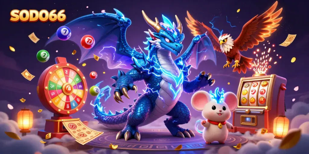 SODO66 brings excitement with a thunder dragon and vibrant lottery elements in this dynamic casino illustration.