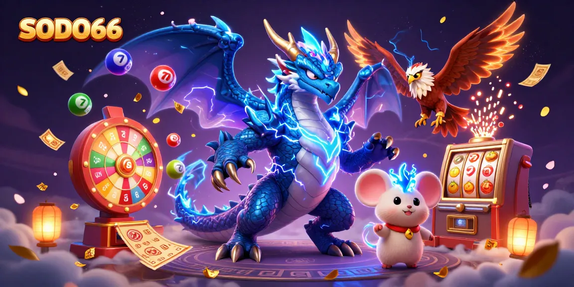 SODO66 brings excitement with a thunder dragon and vibrant lottery elements in this dynamic casino illustration.