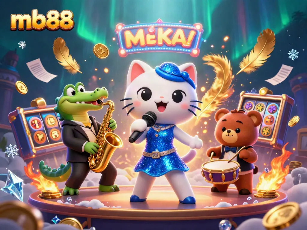 Engage in thrilling casino games with mb88 featuring colorful slot reels and dynamic characters in a lively scene.