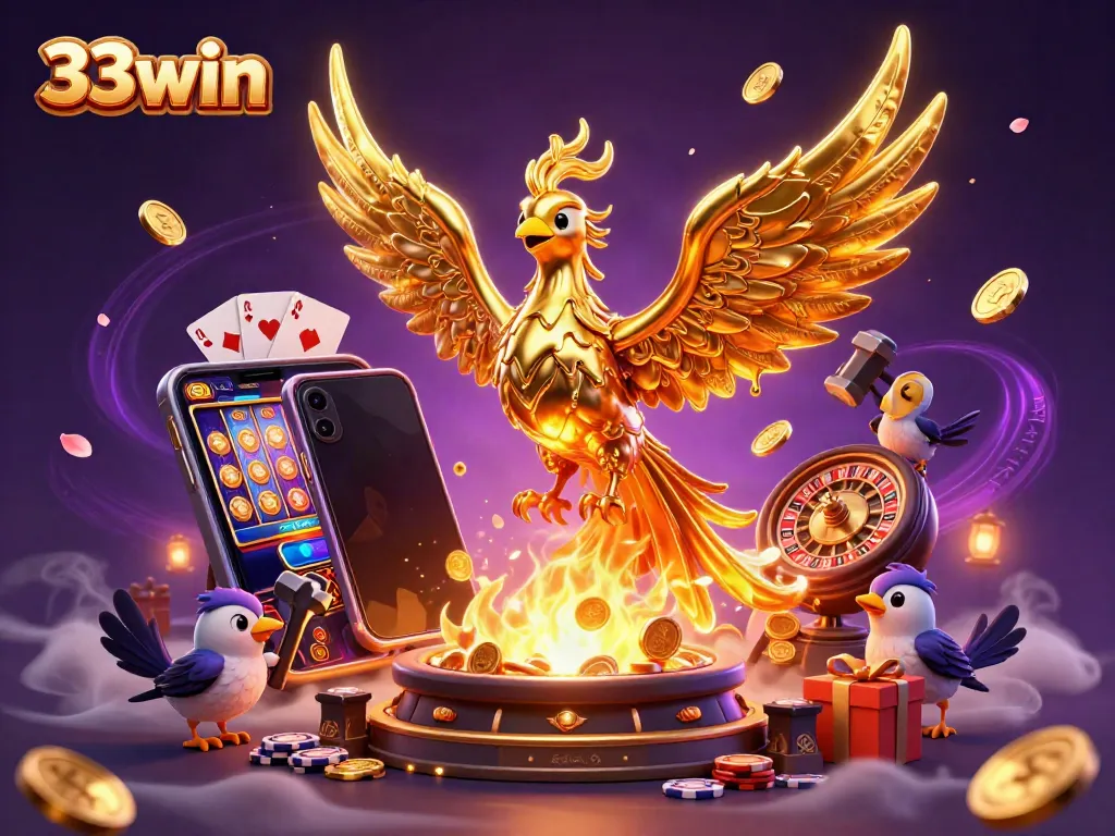Experience the excitement of 33win with a vibrant, dynamic illustration of casino elements and a golden phoenix.