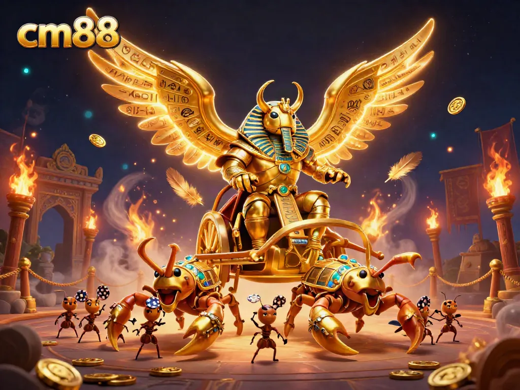 Experience exciting gameplay at cm88 with a vivid scene featuring a golden scarab beetle and dynamic casino elements.