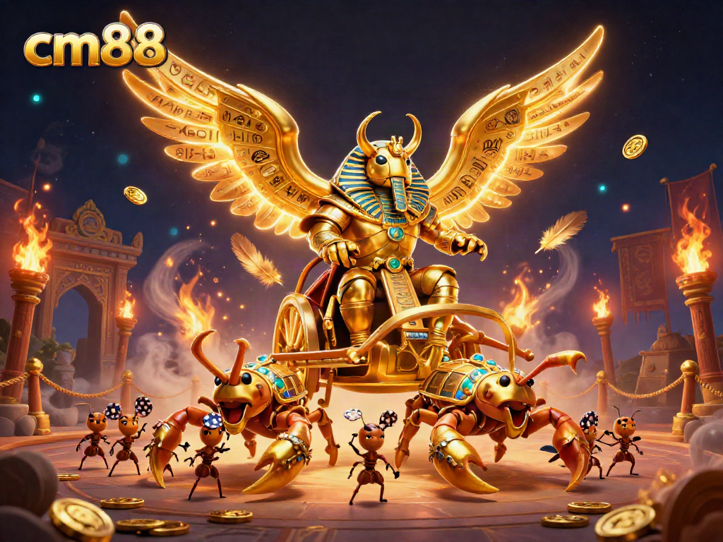 Experience exciting gameplay at cm88 with a vivid scene featuring a golden scarab beetle and dynamic casino elements.